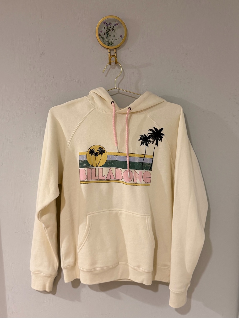 Billabong Cream Hoodie with Pink Drawstrings